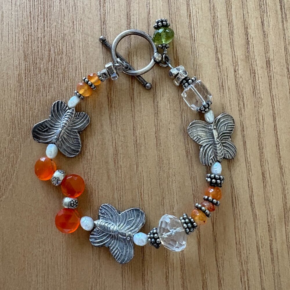 7 1/2 "Carnelian, Pearl, Sterling Silver, Silver and Silver Stamped Trade Beads